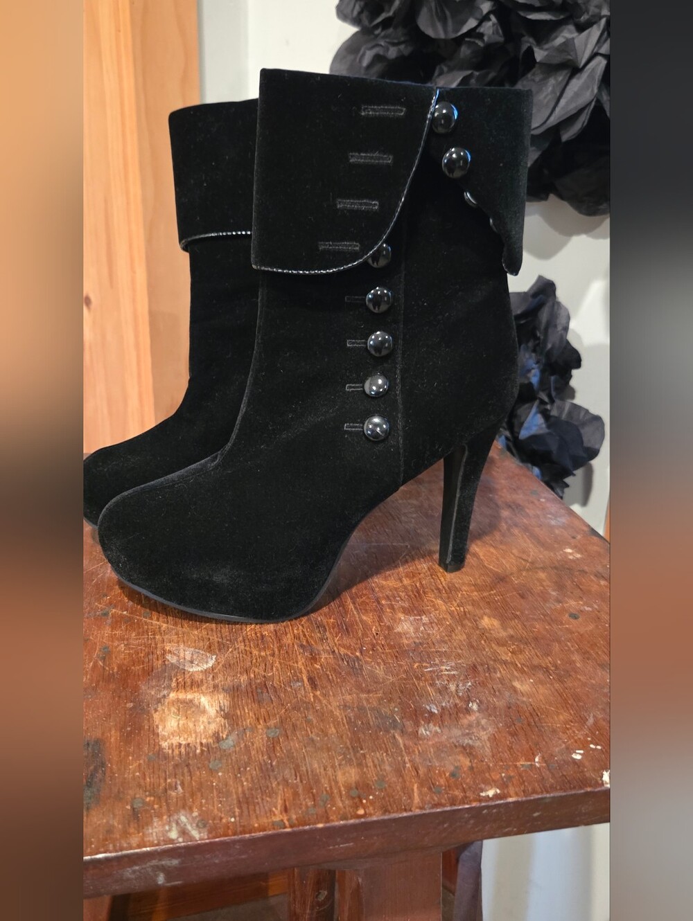 Black Velvet High-Heel Button Booties